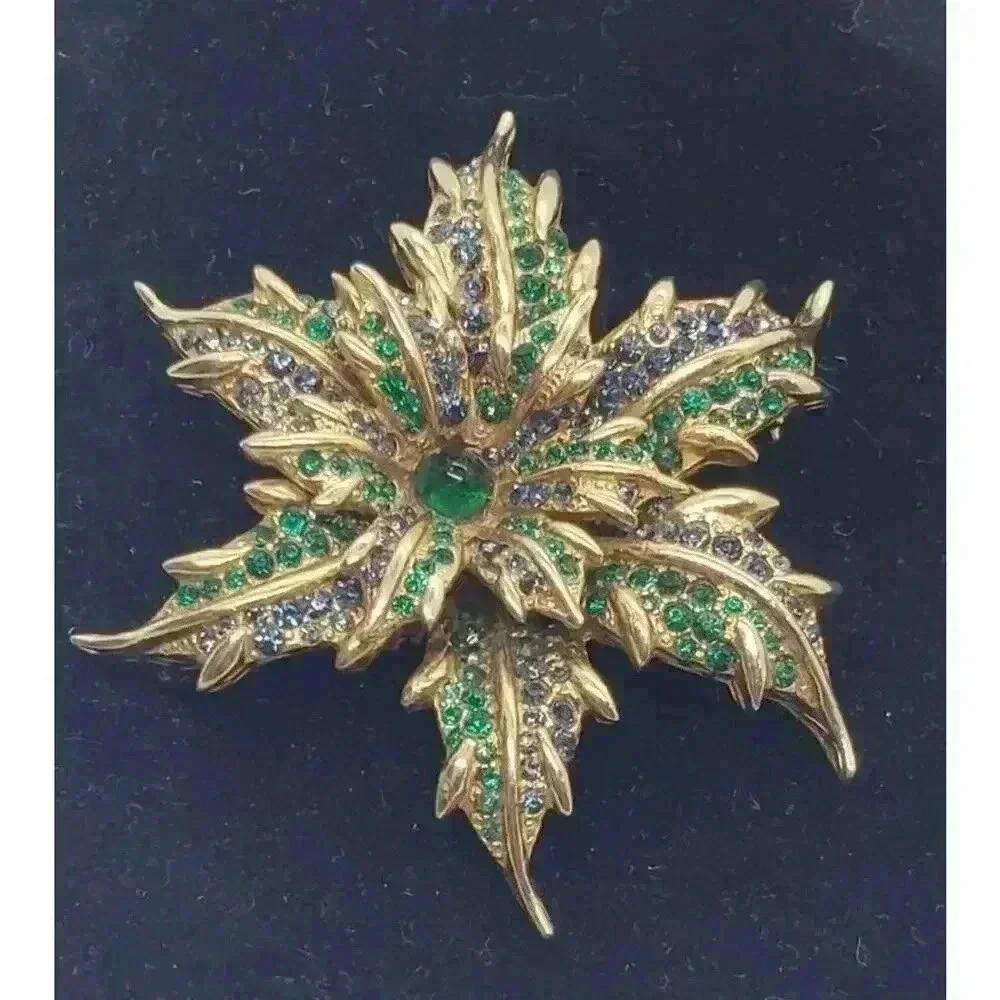 Vintage Flower Brooch Gold With Green & Blue Rhinestones & Cabochon Figural